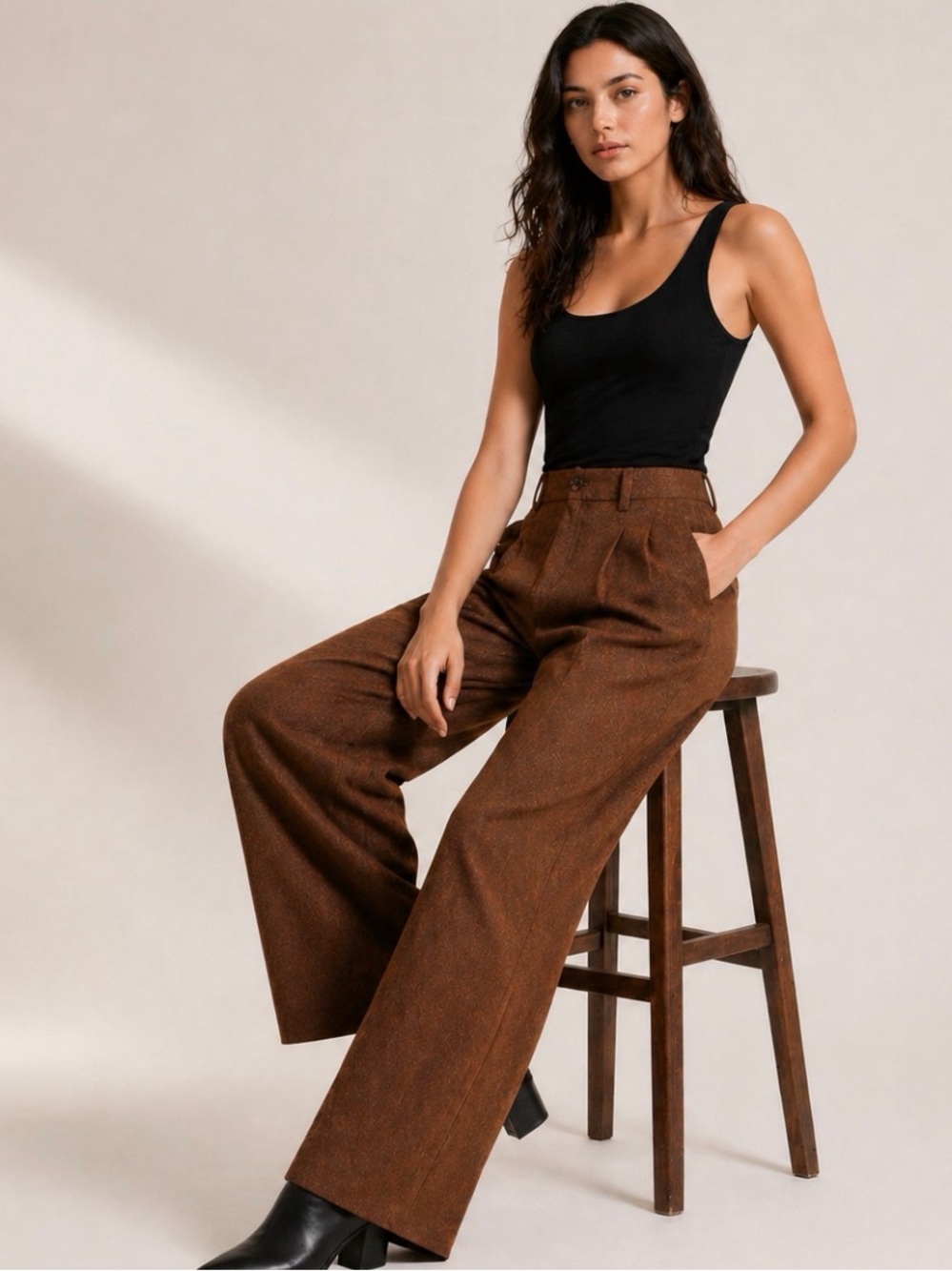 Frank & Oak Gertrude Brown Wool-Blend Wide Leg Tailored Pants Size 4 - Picture 3 of 8